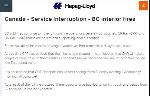 北美山火引發(fā)供應(yīng)鏈中斷風(fēng)險(xiǎn)，船公司發(fā)布96小時(shí)延誤提醒