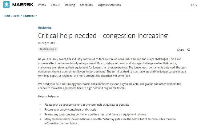 8月旺季北美港口恐再“爆倉”！馬士基提醒盡快還集裝箱