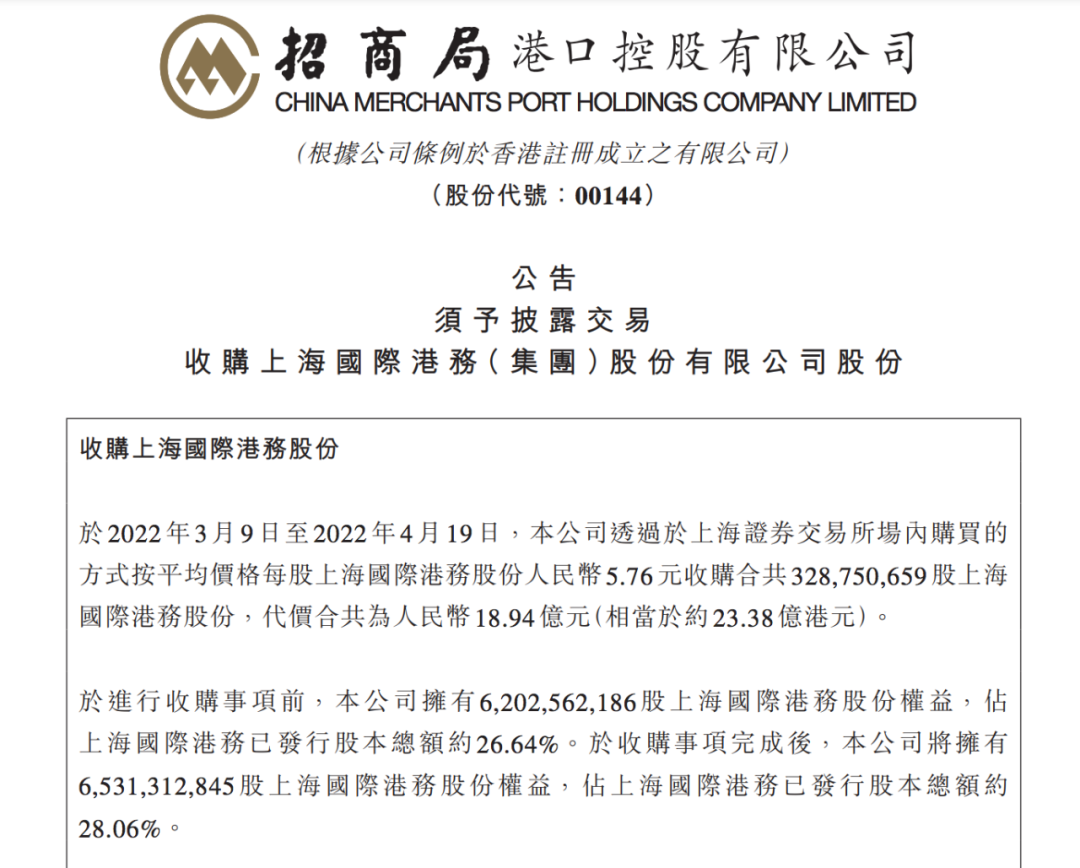 近19億元！招商局港口增持上港集團(tuán)股份