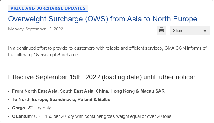 達飛通知收取亞洲至北歐的超重附加費，今日起生效