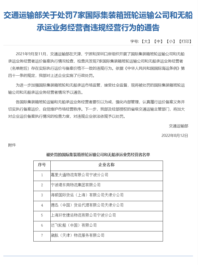 7家知名船公司和貨代受到交通運(yùn)輸部處罰