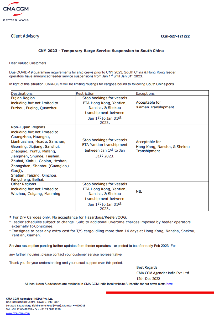 兩大船公司宣布：春節(jié)前后將暫停接收運(yùn)往華南地區(qū)的貨物！
