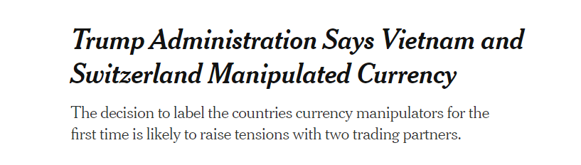 匯率戰(zhàn)加?。∶绹?guó)將越南、瑞士列為匯率操縱國(guó)！中國(guó)臺(tái)灣印度泰國(guó)等被加入監(jiān)測(cè)名單！